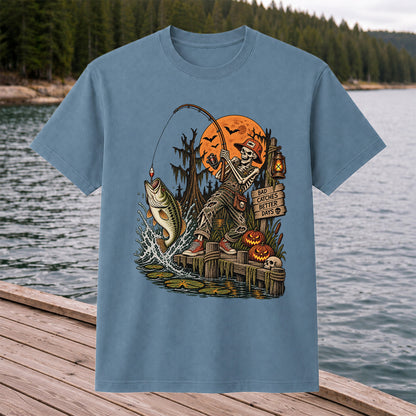 Bad Catches Better Days Skeleton and Bass Halloween Fishing T-Shirt