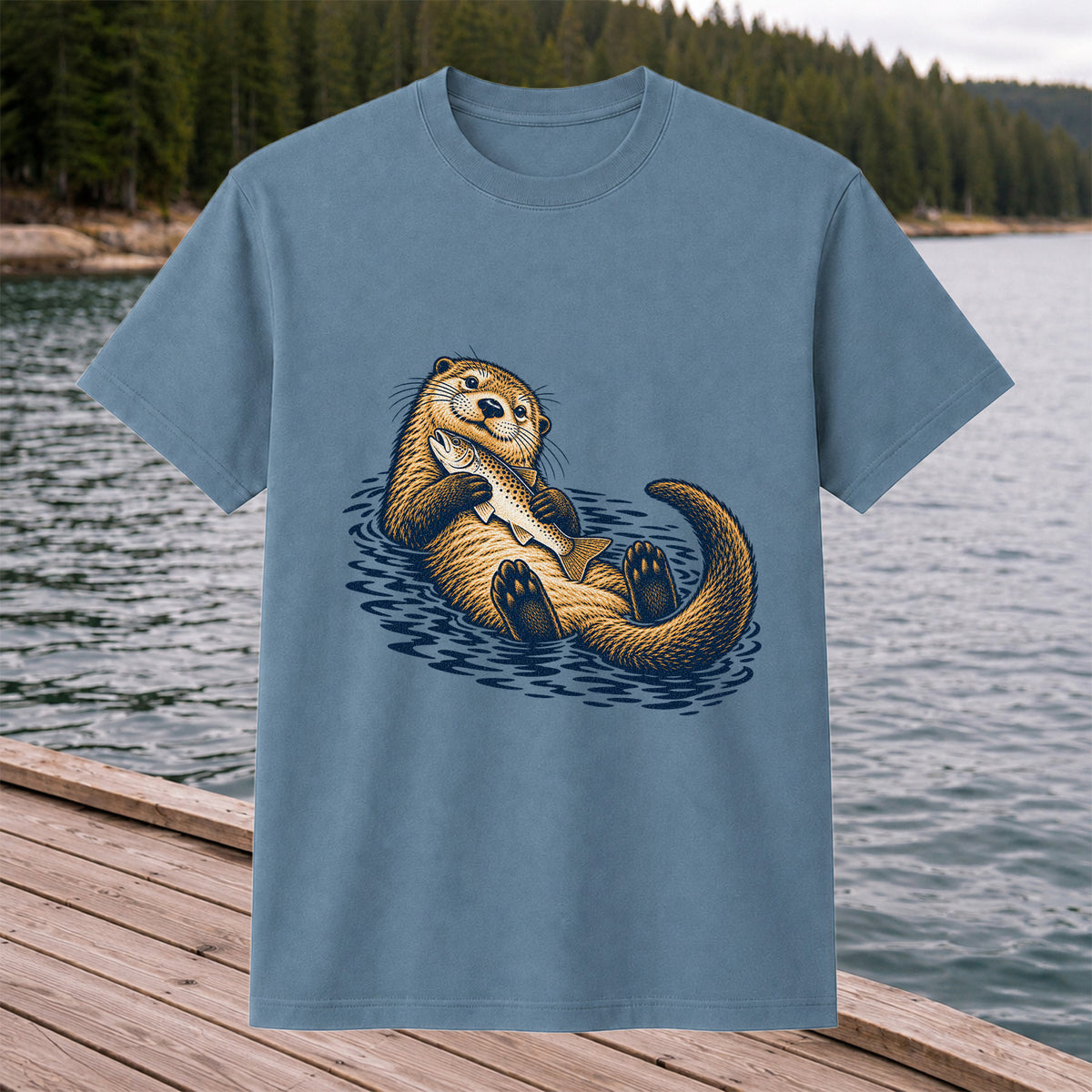 Cute Otter Holding Fish Hand Drawn Fishing Graphic T-Shirt