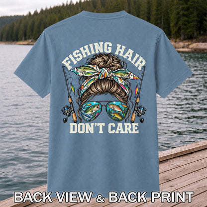 Fishing Hair Don't Care Messy Bun and Sunglasses T-Shirt | Back Print