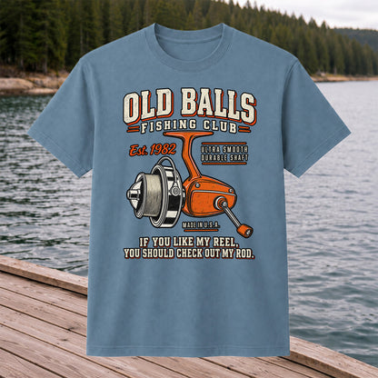 Old Balls Fishing Club Vintage Spinning Reel Graphic T-Shirt