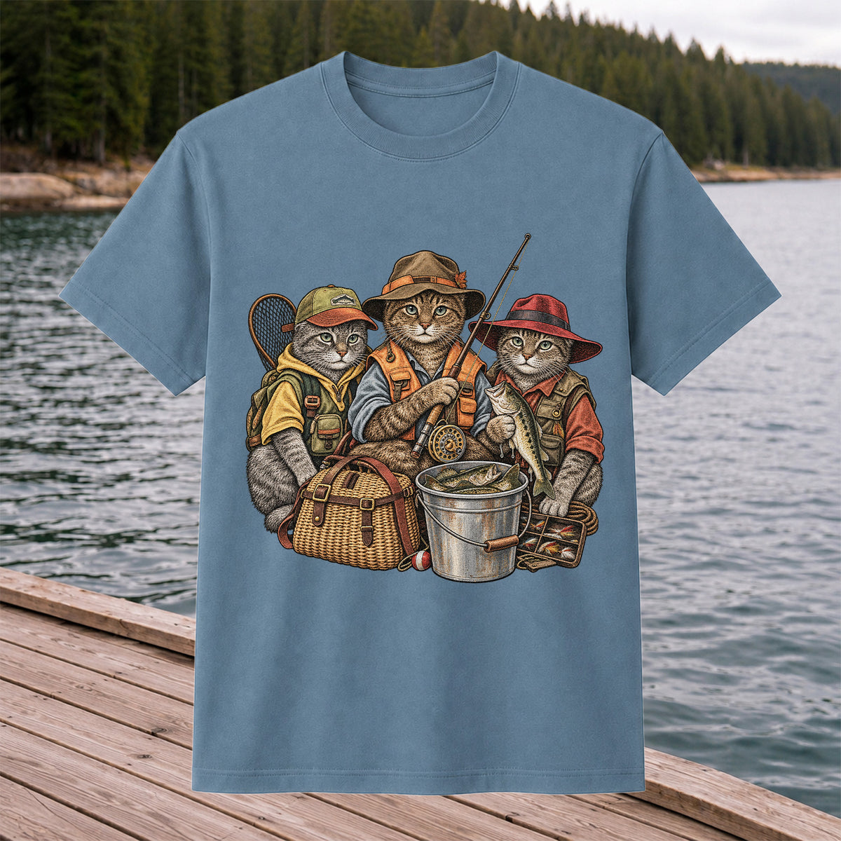 Three Fishing Cats with Rod and Catch Vintage Graphic T-Shirt