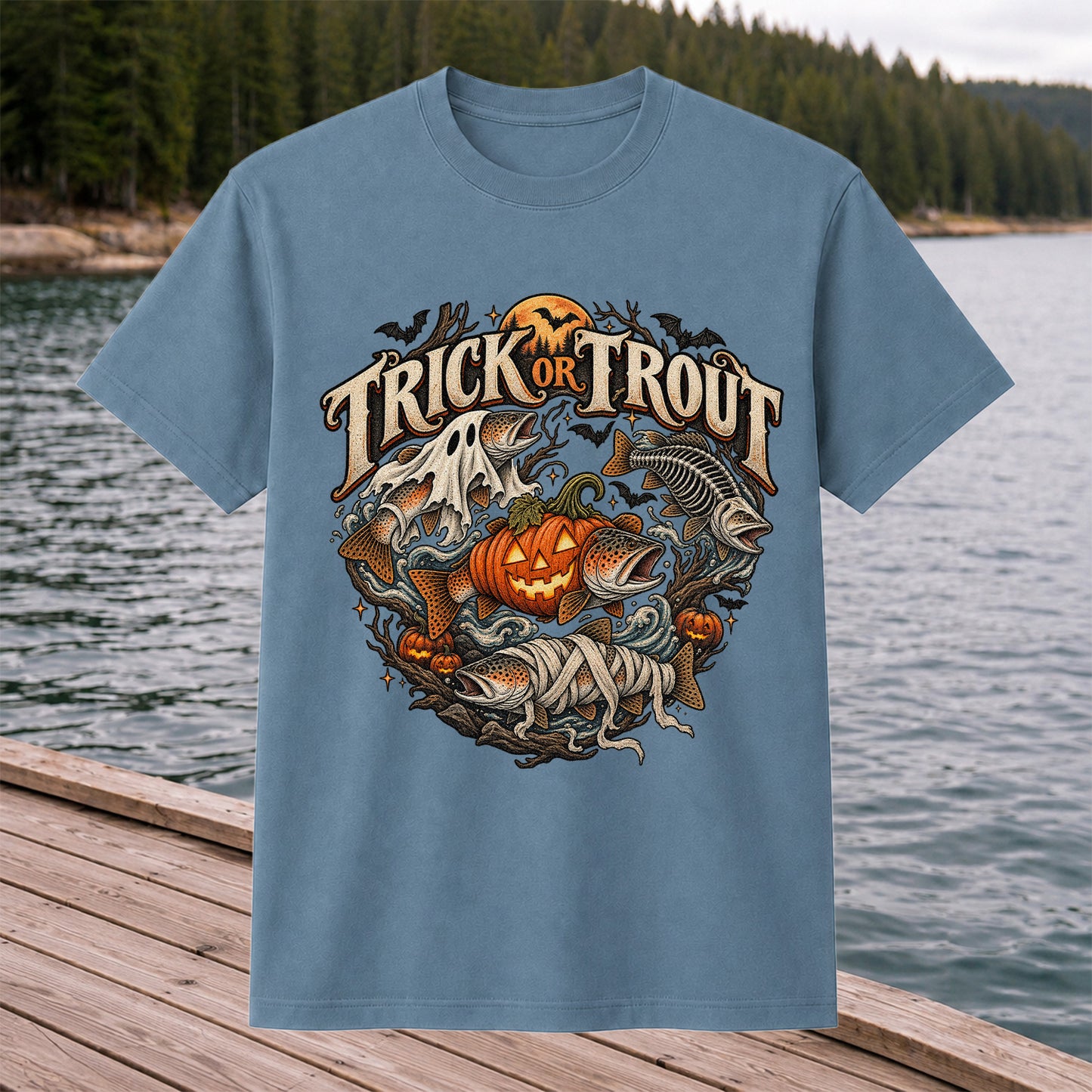 Trick or Trout Haunted Fish Halloween Fishing T-Shirt