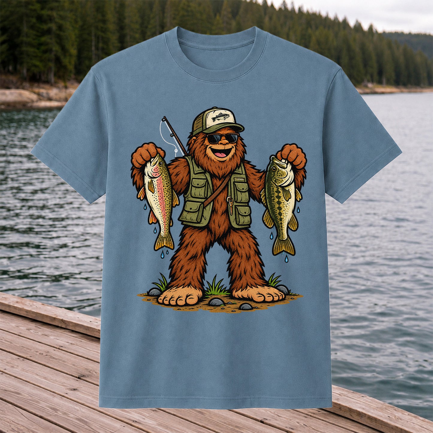 Bigfoot Holding Rainbow Trout and Bass Fishing Graphic T-Shirt