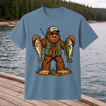 Bigfoot Holding Rainbow Trout and Bass Fishing Graphic T-Shirt