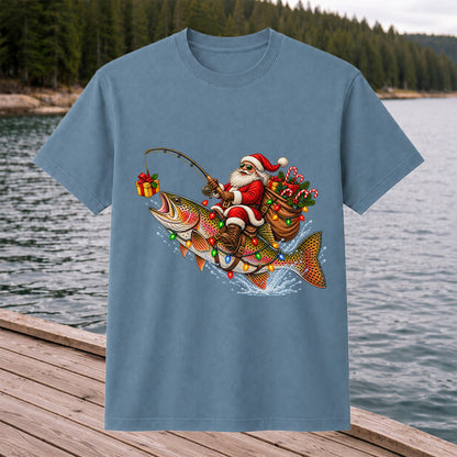 Santa Riding a Rainbow Trout Christmas Fishing Graphic T-Shirt