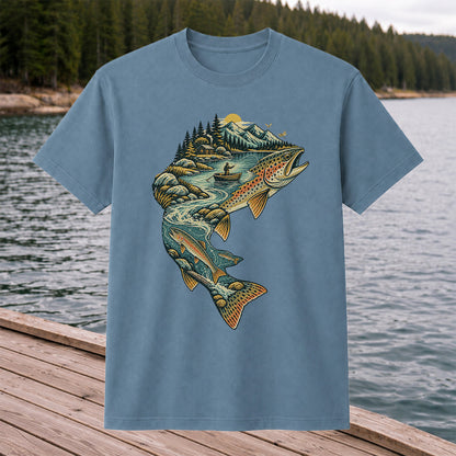 Vintage Brown Trout Mountain River Fly Fishing Graphic T-Shirt
