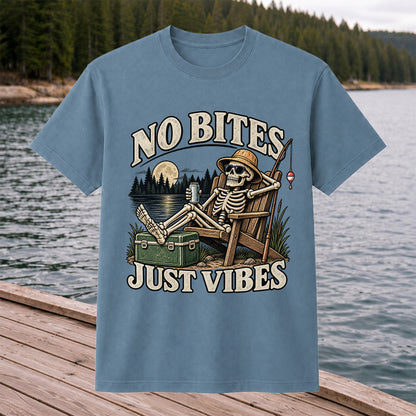 No Bites Just Vibes Skeleton Lake Fishing Graphic T-Shirt