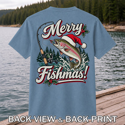 Merry Fishmas Rainbow Trout in Santa Hat Christmas Fishing T-Shirt, Trout Fishing | Back Print