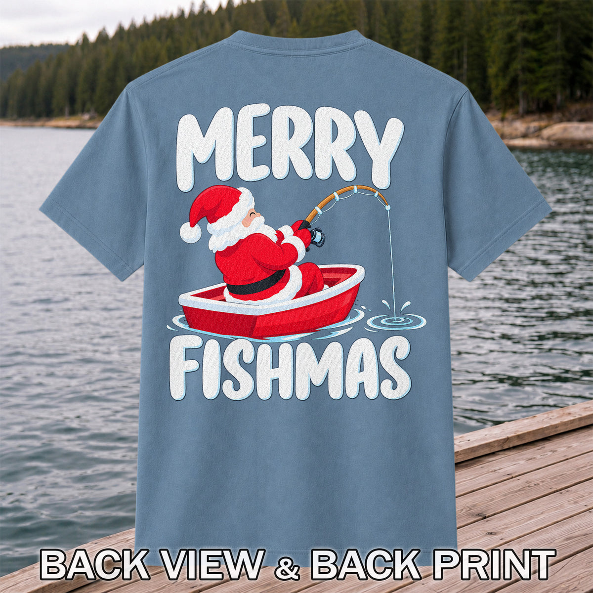 Santa Claus Boat Fishing Christmas Graphic T-Shirt | Back Print
