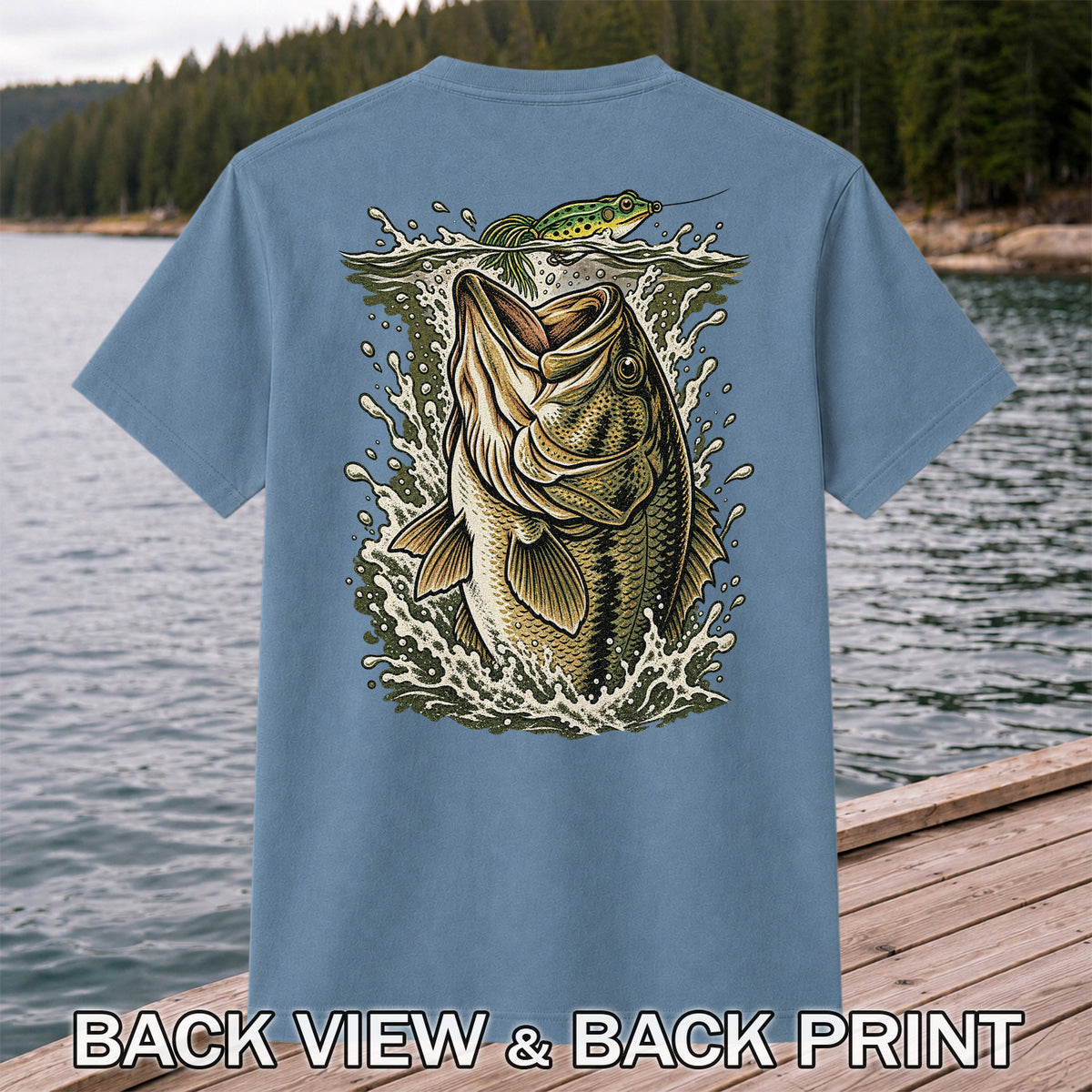 Largemouth Bass Striking a Frog Lure Fishing Graphic T-Shirt | Back Print