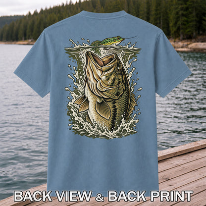 Largemouth Bass Striking a Frog Lure Fishing Graphic T-Shirt | Back Print