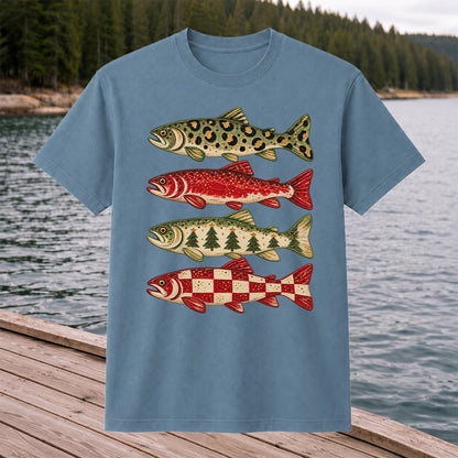 Four Seasonal Trout Patterns Christmas Fishing Graphic T-Shirt