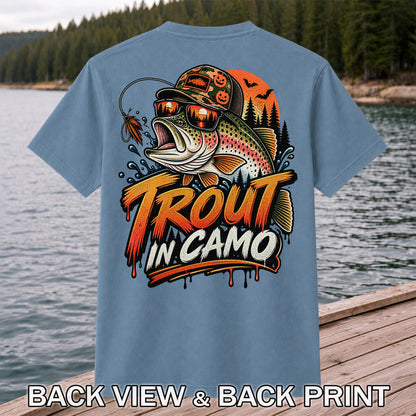 Trout in Camo Halloween Rainbow Trout Fishing Graphic T-Shirt | Back Print