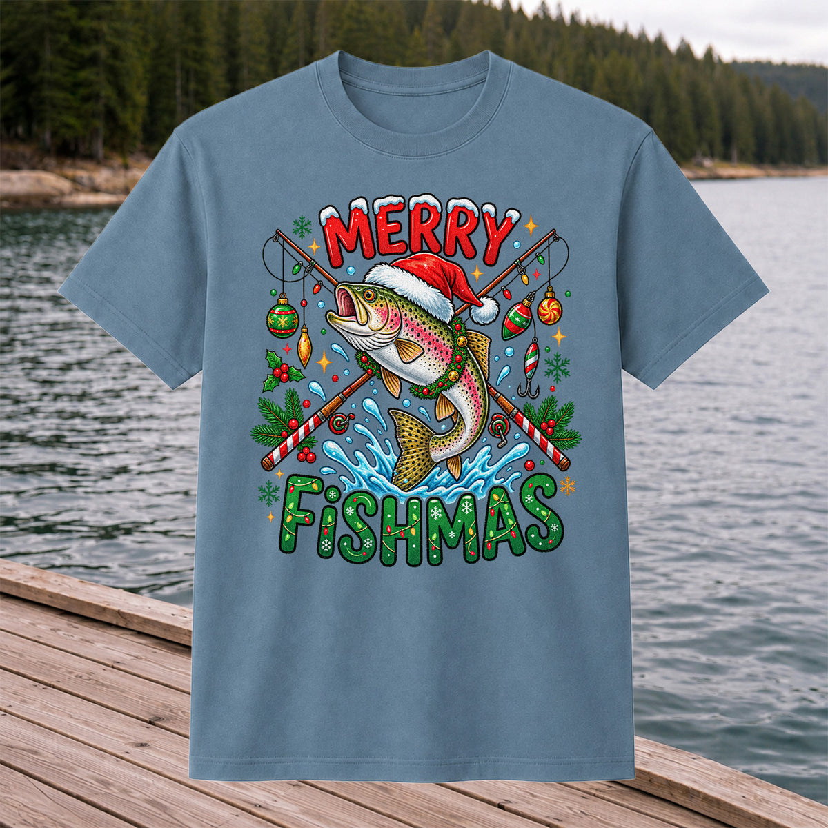 Merry Fishmas Santa Trout Christmas Fishing Graphic T-Shirt