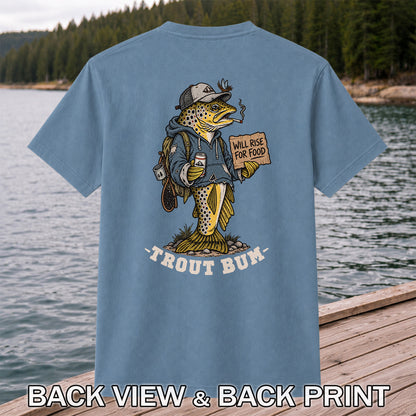 Trout Bum Will Rise for Food Funny Trout Fishing T-Shirt | Back Print