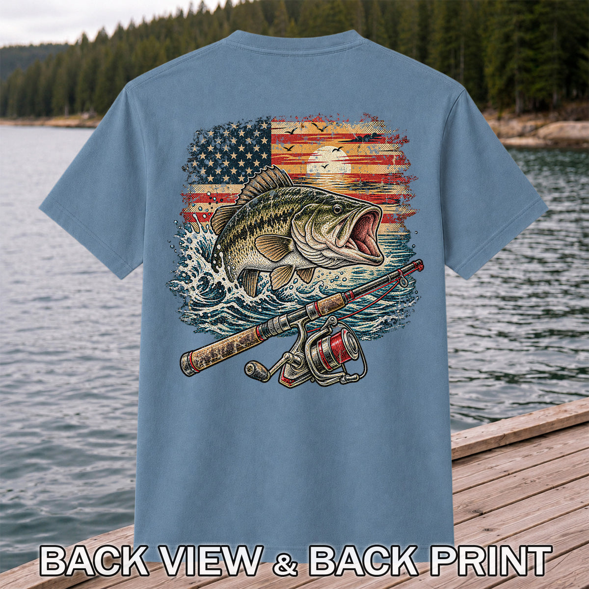 American Flag Largemouth Bass Fishing Graphic T-Shirt | Back Print