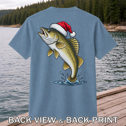Santa Hat Walleye Christmas Fishing Graphic T-Shirt | Back Print