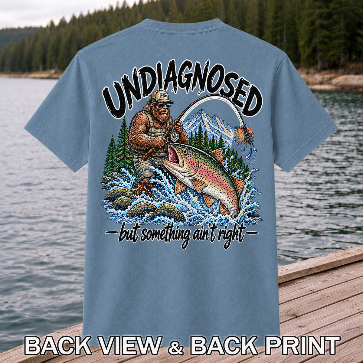 Undiagnosed But Something Ain't Right Bigfoot Trout Fishing T-Shirt | Back Print