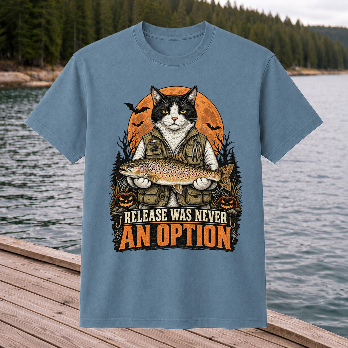 Release Was Never an Option Cat Holding Brown Trout Halloween Fishing T-Shirt