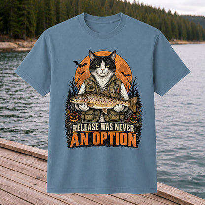 Release Was Never an Option Cat Holding Brown Trout Halloween Fishing T-Shirt