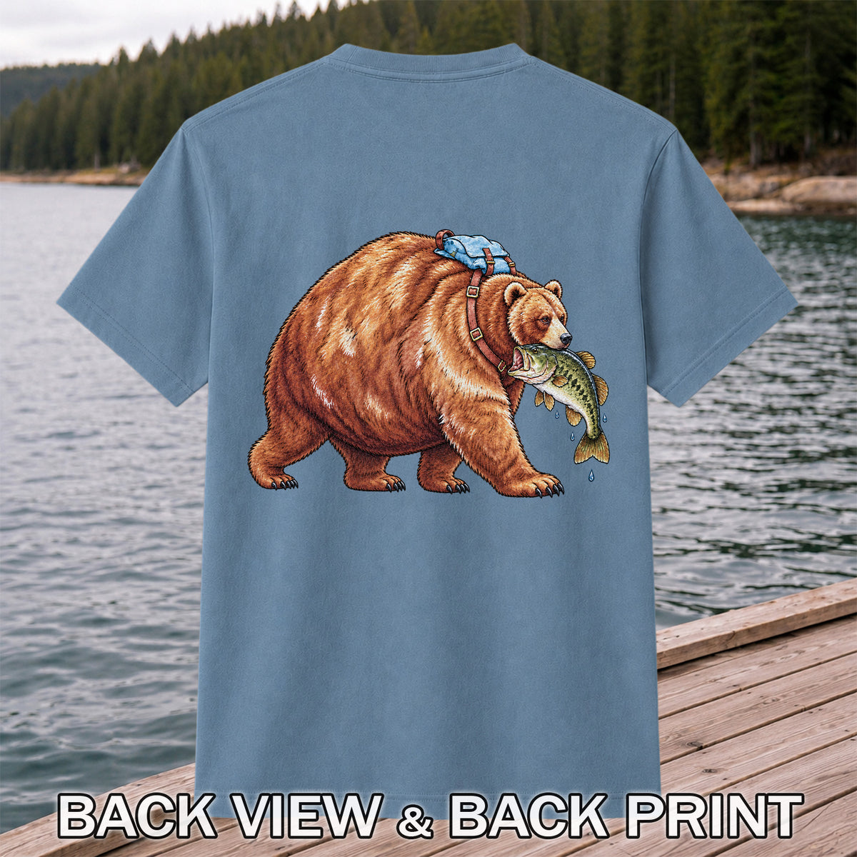 Bear Carrying Bass Fishing Wildlife Graphic T-Shirt | Back Print