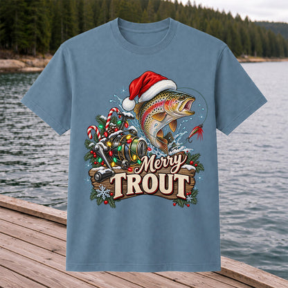 Merry Trout Christmas Rainbow Trout and Fishing Reel T-Shirt