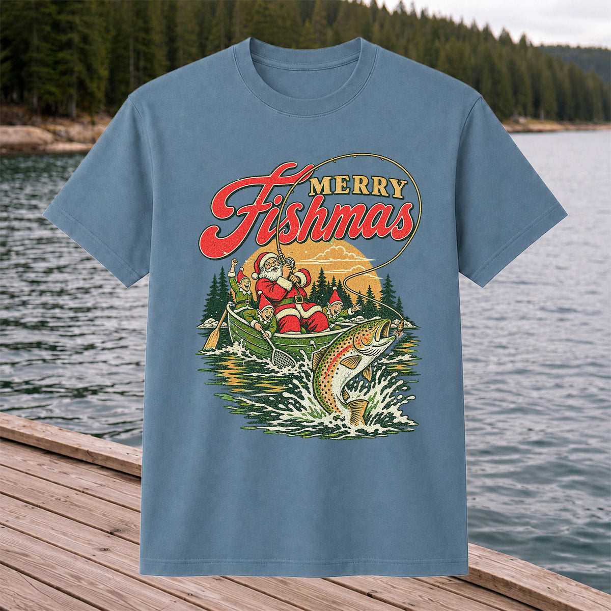 Merry Fishmas Santa and Elves Trout Fishing Christmas T-Shirt