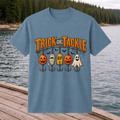 Trick or Tackle Pumpkin Ghost and Mummy Fishing Lures Halloween T-Shirt