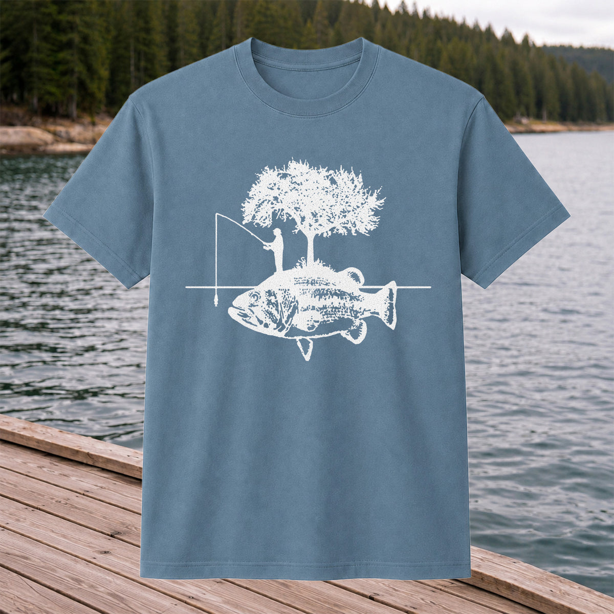 Fish and Tree Silhouette Fishing Graphic T-Shirt