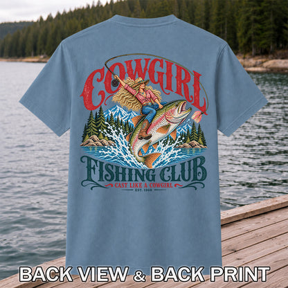 Cowgirl Riding Trout Fishing Club Graphic T-Shirt | Back Print