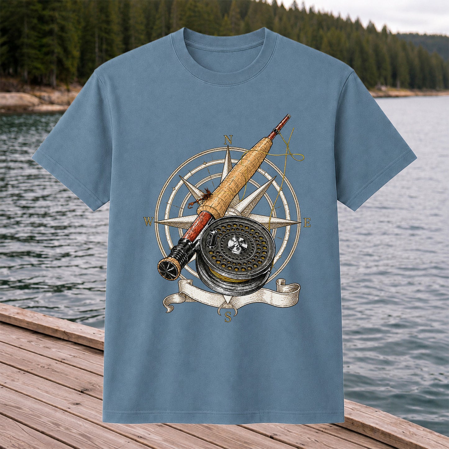 Vintage Fly Fishing Rod Reel and Compass Graphic T-Shirt