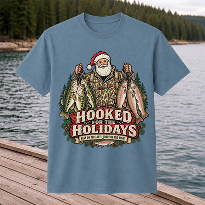 Hooked for the Holidays Bass on the Left Trout on the Right Santa Christmas Fishing T-Shirt