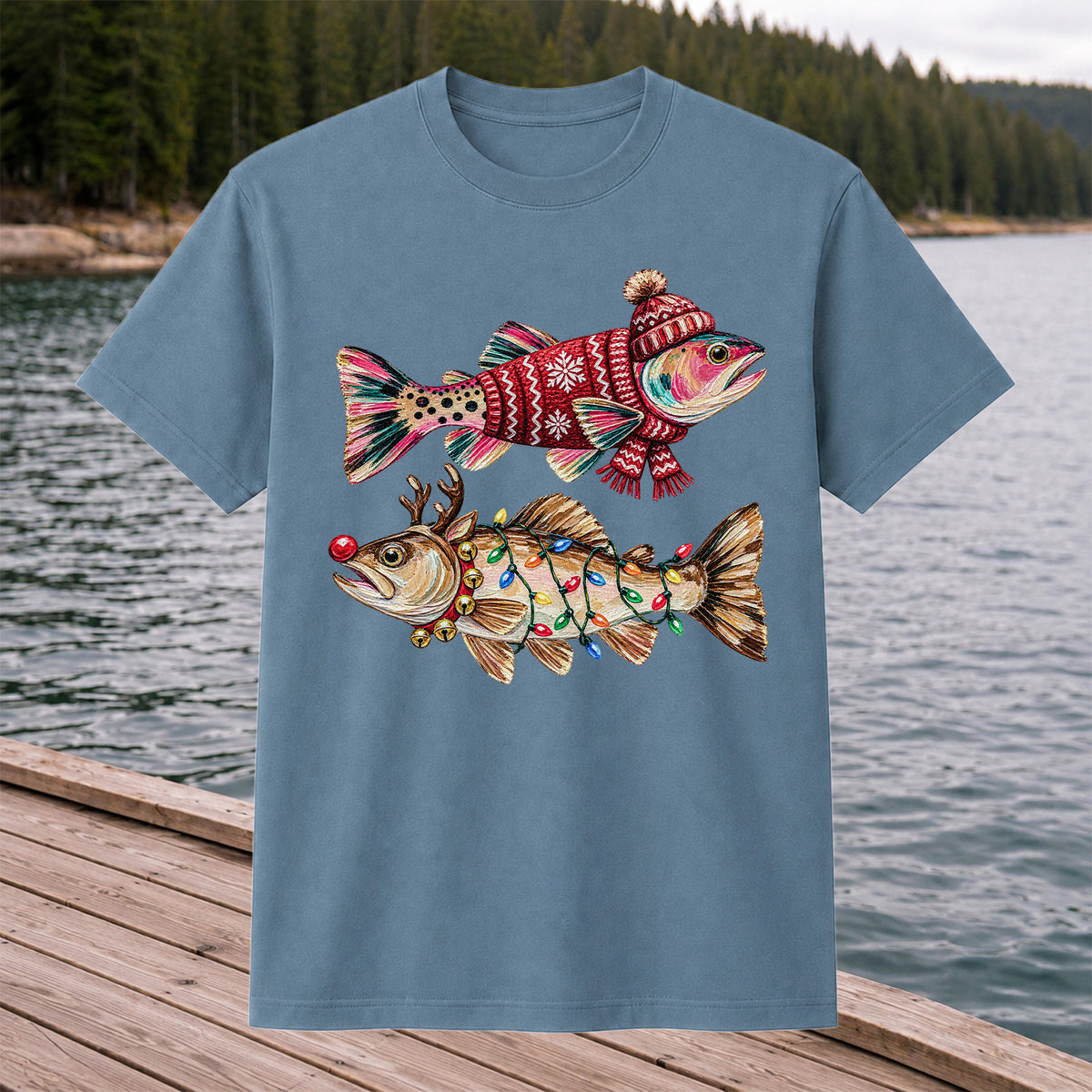 Festive Christmas Fish with Lights Fishing Graphic T-Shirt