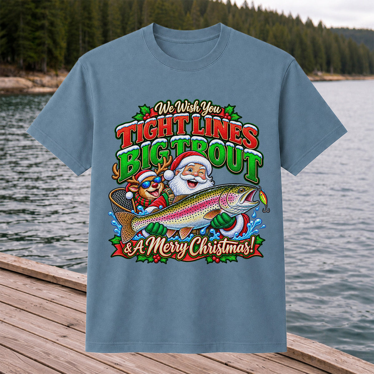 We Wish You Tight Lines Big Trout & a Merry Christmas Santa and Reindeer Fishing T-Shirt