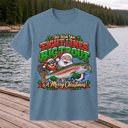 We Wish You Tight Lines Big Trout & a Merry Christmas Santa and Reindeer Fishing T-Shirt