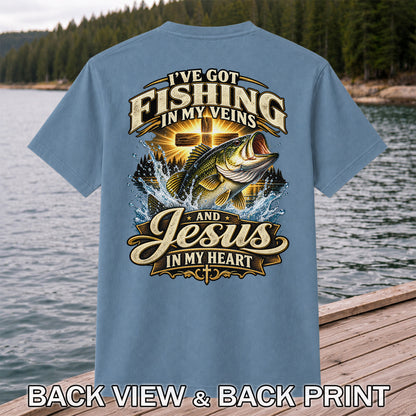 I've Got Fishing in My Veins and Jesus in My Heart Bass and Cross T-Shirt | Back Print