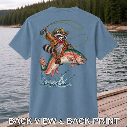 Cowboy Raccoon Riding a Rainbow Trout Fishing Graphic T-Shirt | Back Print