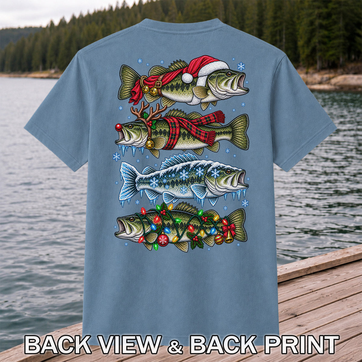 Christmas Bass with Santa Hat and Holiday Lights Fishing T-Shirt | Back Print