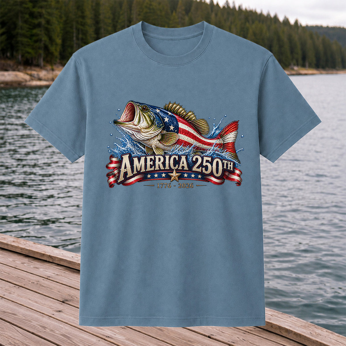 America 250th 1776–2026 American Flag Bass Fishing T-Shirt