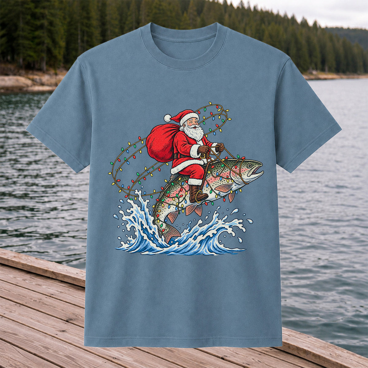 Santa Riding a Christmas-Lighted Rainbow Trout Fishing Graphic T-Shirt