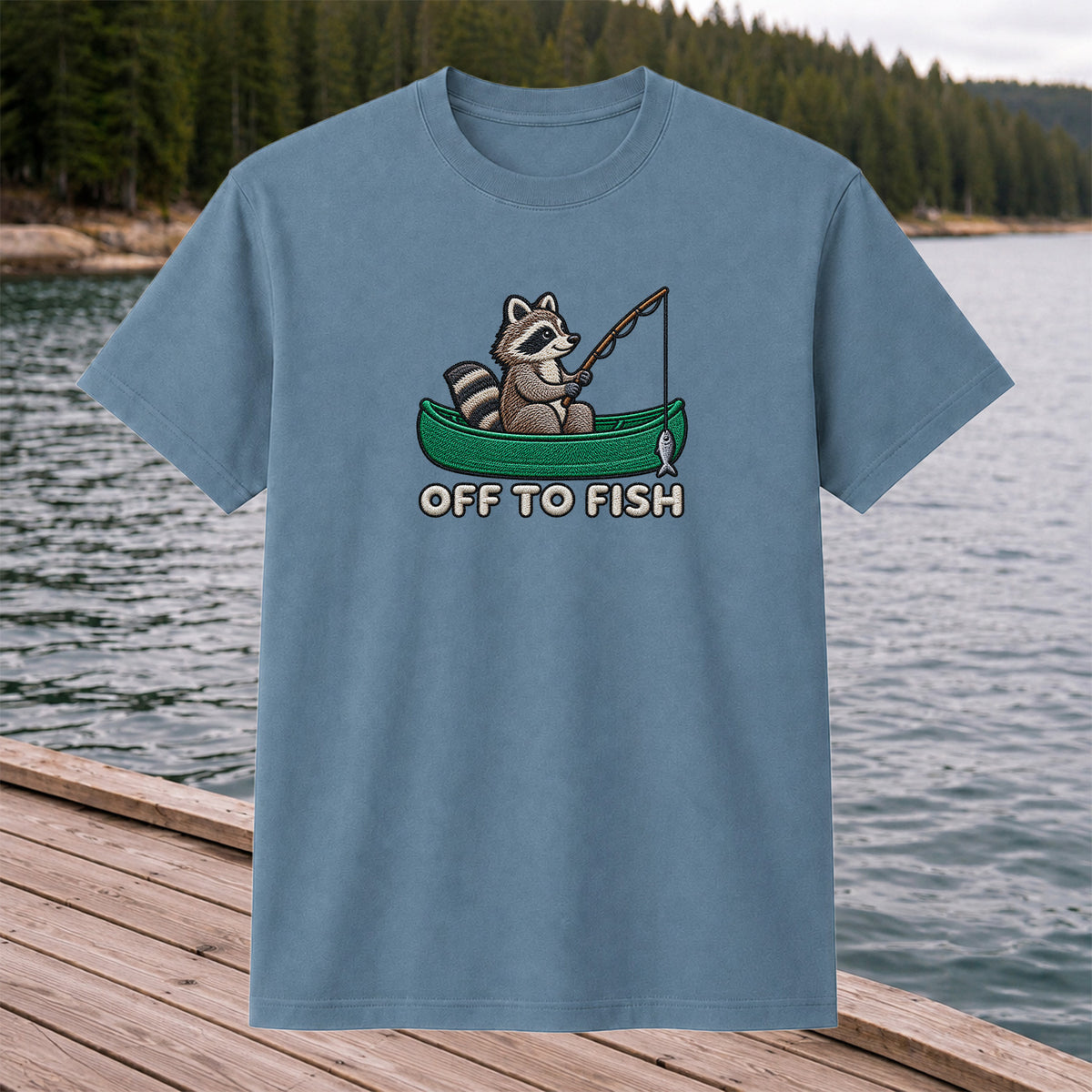 Off to Fish Raccoon in a Canoe Funny Fishing Graphic T-Shirt