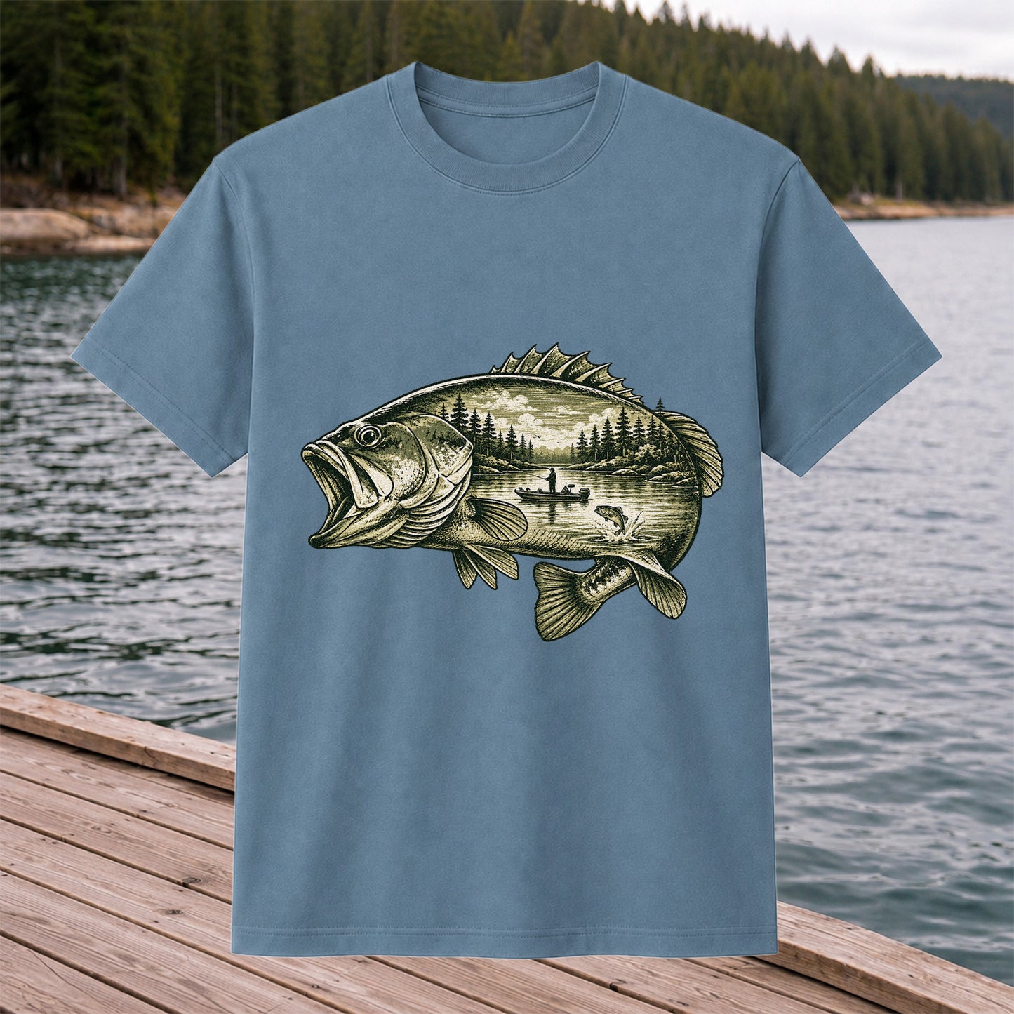 Vintage Bass Lake Fishing Scene Graphic T-Shirt