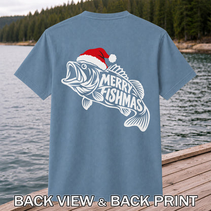 Santa Hat Fish Christmas Fishing Graphic T-Shirt | Back Print