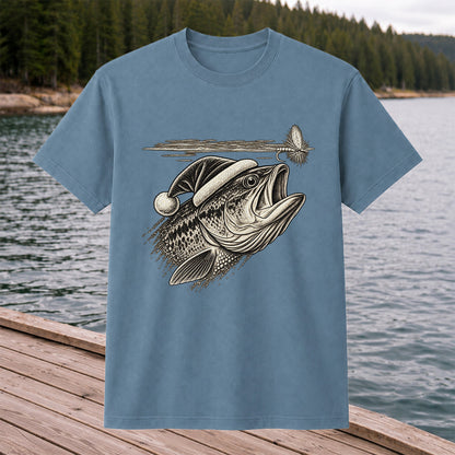 Santa Hat Bass Chasing a Fishing Fly Graphic T-Shirt