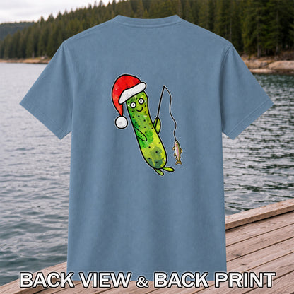 Santa Hat Cucumber Fishing for Trout Graphic T-Shirt | Back Print