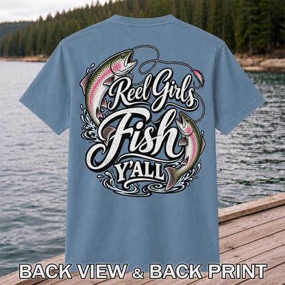 Reel Girls Fish Y'all Rainbow Trout Women's Fishing T-Shirt | Back Print
