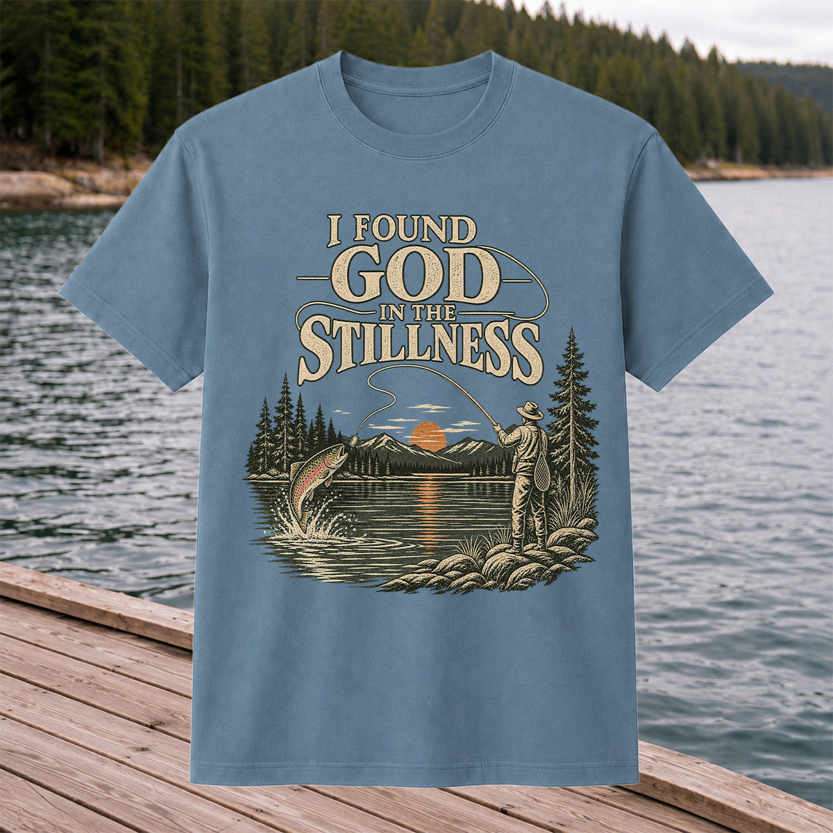I Found God in the Stillness Trout Fly Fishing Sunset T-Shirt