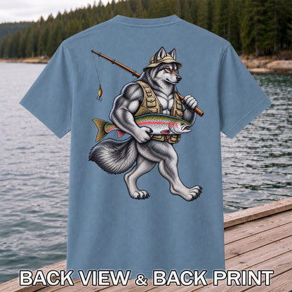 Wolf Angler Holding Rainbow Trout Fishing Graphic T-Shirt | Back Print