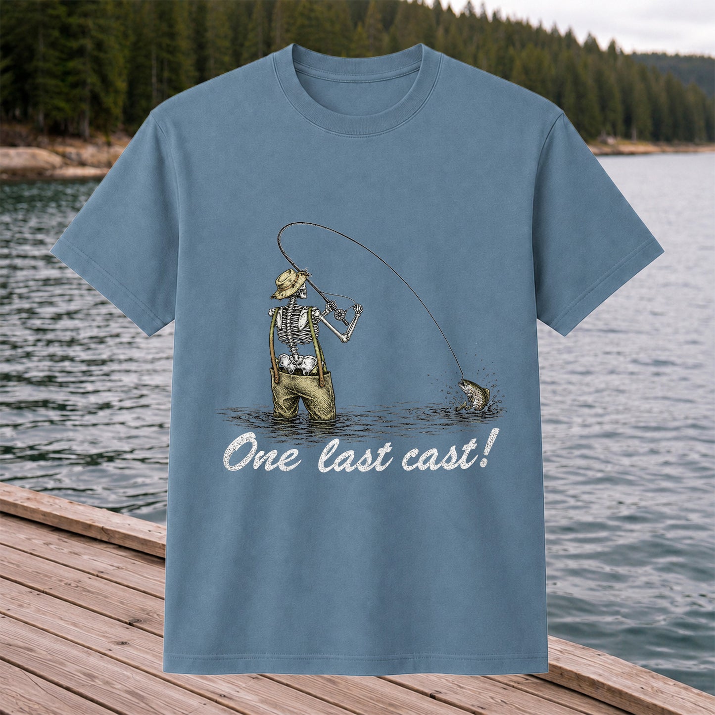 One Last Cast Skeleton Angler Fishing Graphic T-Shirt