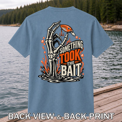 Skeleton Took the Bait Fishing Lure Gothic Graphic T-Shirt | Back Print
